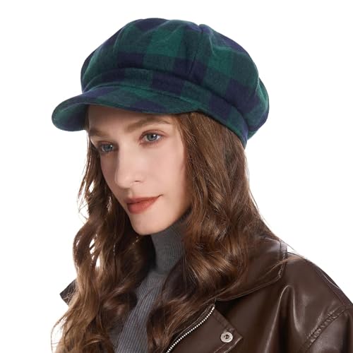 ZLYC Women Classic Newsboy Cap Visor 8 Panel Gatsby Cabbie Paperboy Hat - color: Plaid Dark Green