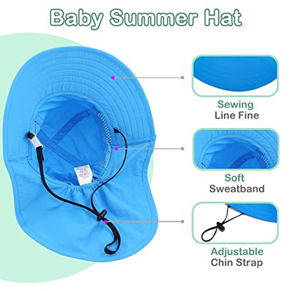XIAOHAWANG Girls Sun Hat Baby Beach Hats Boys UPF 50+ Kids Summer Protection Cap Toddler Breathable Caps Wide Brim Neck Flap - color: Blue, size: 6-12 Years