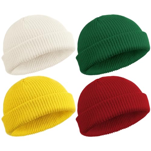 SATINIOR 4 Pieces Trawler Beanie Watch Hat Roll up Edge Skullcap Fisherman Beanie Unisex - color: Red, White, Yellow, Green, size: One Size