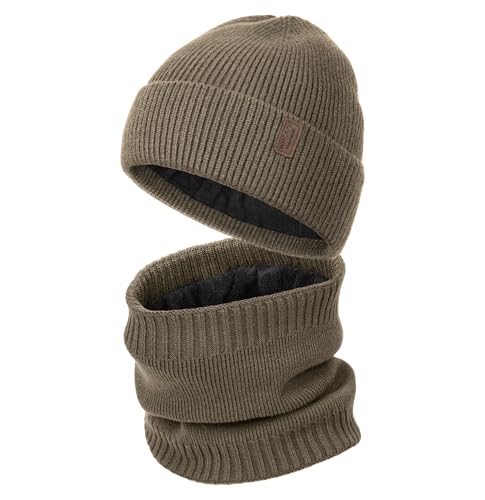 Wmcaps Winter Fleece Lined Beanie & Neck Warmer Set for Men - color: Brown