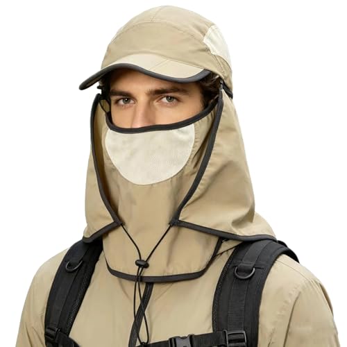 HUAMULAN Women Wide Brim Sun Hat Ponytail UV Protection Visor Fishing Cap - color: Khaki With Foldable Visor
