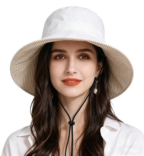 Womens Foldable Shapeable Brim Sun Hat UPF 50+ Cotton Wide Brim Beach Adjustable Chin Strap Hat Sun Protection Cap - color: Z-beige