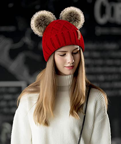 Arctic Paw Womens Winter Hat Cable Knit Beanie for Women Faux Fur Pompom Ears - color: Red_grid