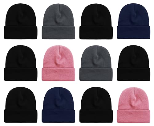 12 Pack Winter Beanie Hats for Men Women, Warm Cozy Knitted Cuffed Skull Cap, Wholesale - color: Assorted Solids #2