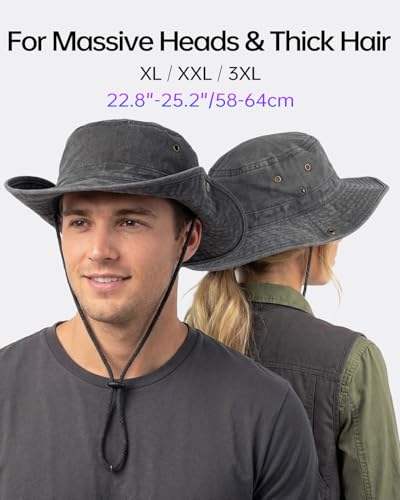 Zylioo XXL Boonie Hat for Big Heads, Wide Brim Sun Hat with Chin Strap - color: Black, size: XX-Large-3X-Large