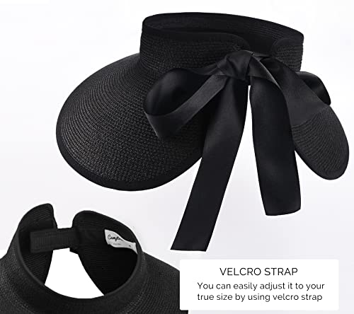 Camptrace Women's Straw Sun Visor Hat UPF Wide Shade Ponytail Summer Hat - color: Black