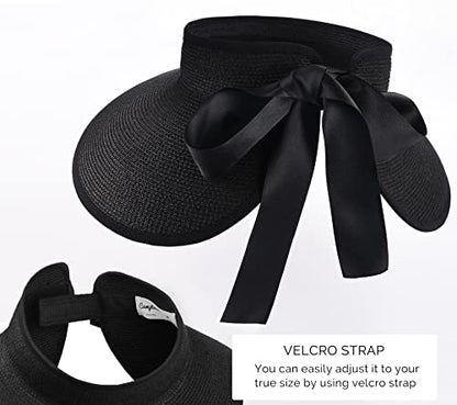 Camptrace Women's Straw Sun Visor Hat UPF Wide Shade Ponytail Summer Hat - color: Black