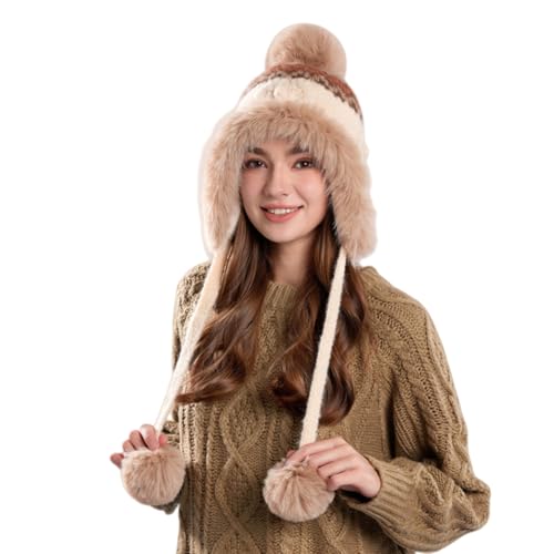 JIAHG Women Winter Warm Beanie Hat with Earflaps 3 Faux Fur Pompoms Peruvian Ski Cap Slouchy Jacquard Cable Knit Trapper Hat - color: Beige