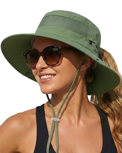 Women's Sun Hat Sun Protection Wide Brim Bucket with Ponytail Hole Summer - color: Green