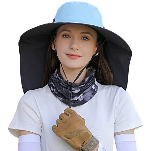 HUAMULAN Women Men Wide Brim Sun Hat Hiking Fishing Hats with Neck Flap - color: Hyp011-blue