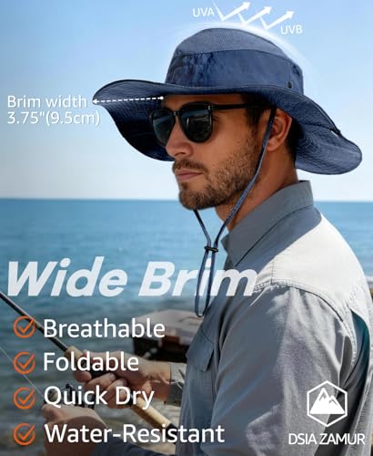 Wide Brim Sun Hat for Men Women, UPF 50+ Waterproof Packable Bucket Boonie Safari Fishing Hat - color: Navy