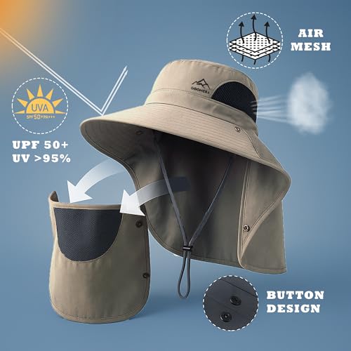 Sun Hat for Men & Women, Breathable Wide Brim Outdoor Fishing Hat with Face Cover & Neck Flap - color: Khaki