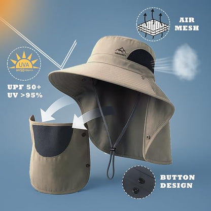 Sun Hat for Men & Women, Breathable Wide Brim Outdoor Fishing Hat with Face Cover & Neck Flap - color: Khaki