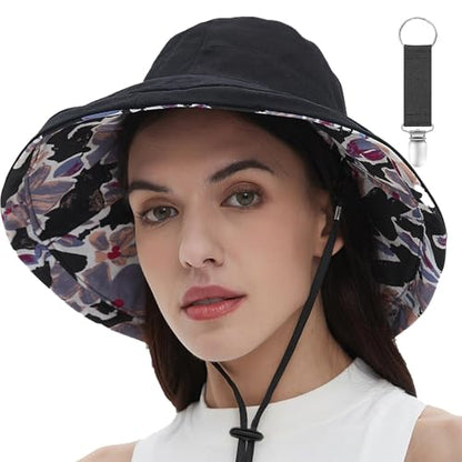 vidsel Womens Sun Hats Wide Brim Reversible Bucket Cotton Hat with Hat Clip - color: Black, size: Medium