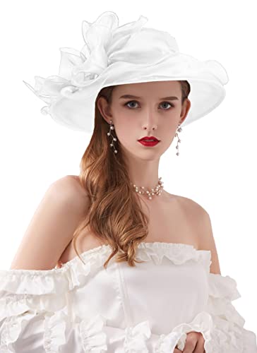 Women's Kentucky Derby Church Dress Hat Wide Brim Leaf Flower Bridal Shower Hat - color: S8-white