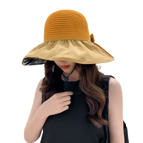 Women Summer Rain UV UPF 50 Sun Protection Wide Brim Hat - Foldable Bucket Sun Hat - color: X Yellow Straw Hat With Bow