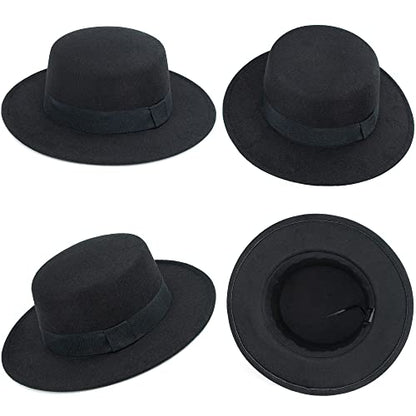 Classic Fedora Flat Top Hat Pork Pie Hat Felt Boater Church Derby Cap for Men/Women - color: Black