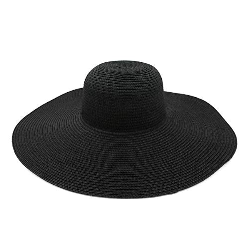 Womens 5.75" Wide Brim Foldable UPF50 Floppy Summer Straw Hat Sun Beach Hat - color: Black
