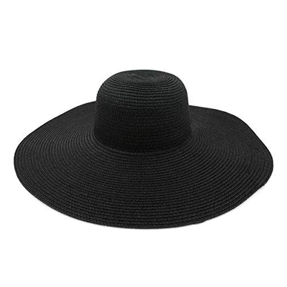 Womens 5.75" Wide Brim Foldable UPF50 Floppy Summer Straw Hat Sun Beach Hat - color: Black