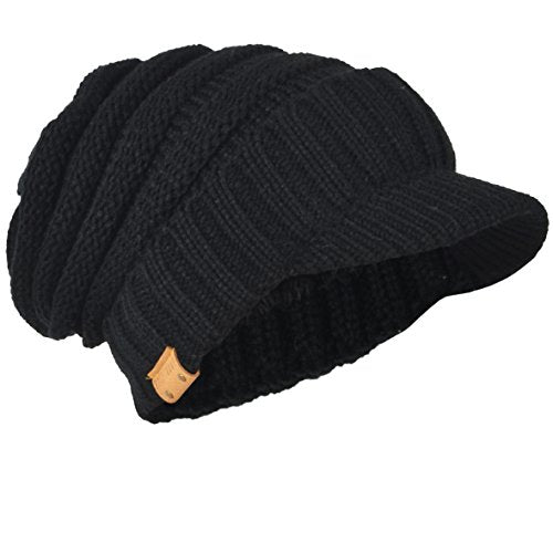 Mens Slouch Beanie Vintage Knit Cadet Cabbie Skull Cap with Visor B319 - color: Ribbed-black