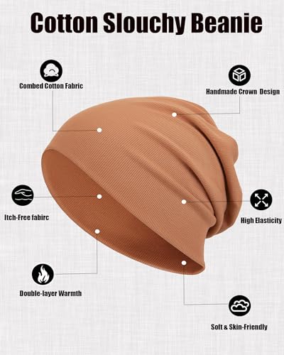 vidsel Slouchy Beanie Hats for Women & Men Cotton Knit Cuffed Skull Cap - color: 1-amber Brown