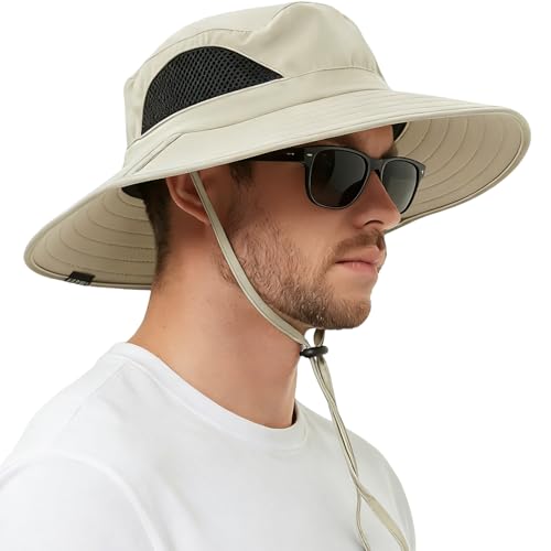 Wide Brim Sun Bucket Hat, Waterproof Boonie Hat for Men & Women - color: 01 Beige