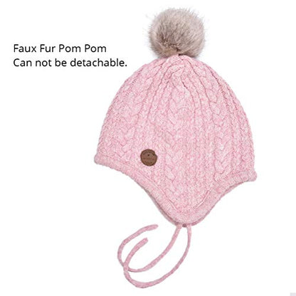 Toddler Baby Boys Girls Winter Hat Kids Ear Flap Warm Fleece Lined Knit Beanie Fur Pom Hat - color: Pink With Faux Fur Pompom, size: 2-6 Years