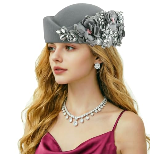 ORIDOOR Women's American and British Felt hat Church Derby Wedding Tea Party Crystal Flower Decoration Beret hat - color: 01-silver-gray
