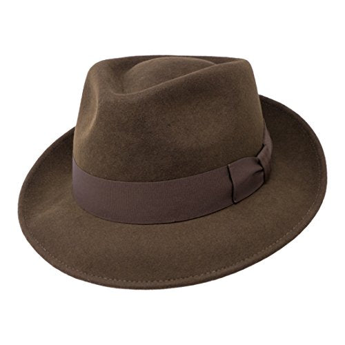 Premium Doyle - Teardrop Fedora Hat - 100% Wool Felt - Crushable for Travel - Water Resistant - Unisex - color: Dark Brown, size: 7-7 1/8
