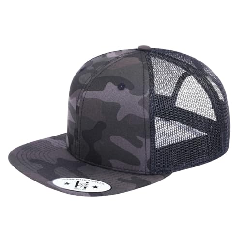 DT-118 Blank 6-Panel Flat-Bill Snapback Trucker Hat - color: Grey Camo and Black T6f-gcm-b