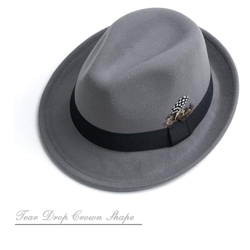 Short Brim Fedora Hat for Men Women Felt Trilby with Feather - color: Light Grey
