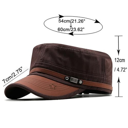 Cadet Army Cap for Men Women Military Adjustable Unisex Flat Top Hat - color: Brown