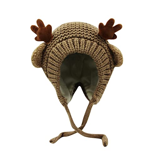 AIBEARTY Cute Deer Elk Antlers Baby Hat Winter Warm Plush Knitted Ear Warmer Bonnet Boys Girls Cap Beanie with Chin Strap - color: Coffee