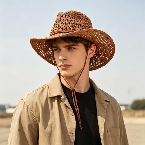 Men's Floppy Packable Straw Hat Beach Cap Newsboy Fedora Sun Hat, Big Brim, Adjustable Chin Strap - color: Khaki-a
