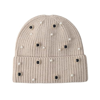 Elegant Ribbed Knitted Pearl Hat Winter Cozy Cuffed Rhinestone Beanie for Daily - color: Beige