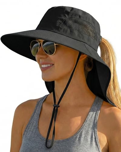 Women Sun Hats UV Protection Wide Brim with Bucket Ponytail Hole - color: Black