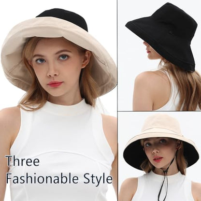 vidsel Womens Sun Hats Wide Brim Reversible Bucket Cotton Hat with Hat Clip - color: Medium-black+beige, size: Medium
