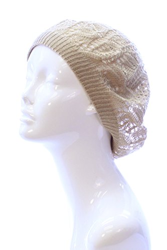 an Womens Lightweight Cut Out Knit Beanie Beret Cap Crochet Hat - Many Styles - color: Beige Leaf