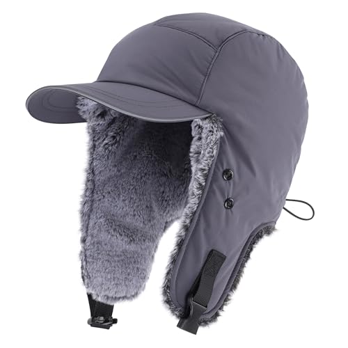 Home Prefer Waterproof Mens Faux Fur Trooper Trapper Hat Hunting Warm Winter Hat with Ear Flaps Visor Face Mask - color: Dark Grey