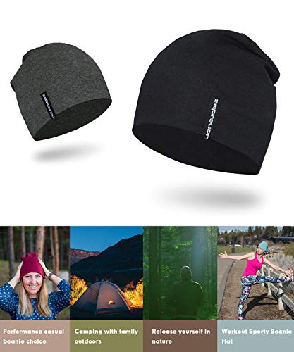 EMPIRELION Mens Running Beanie Hat, 9" Lightweight Helmet Liner Skull Cap - color: Black + Dark Grey Mel.