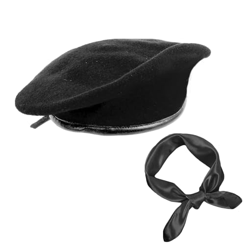 British US Military Berets with 35" Square Silk Like Head Scarf, Army Beret French Beret for Men and Women - color: Black, size: Large