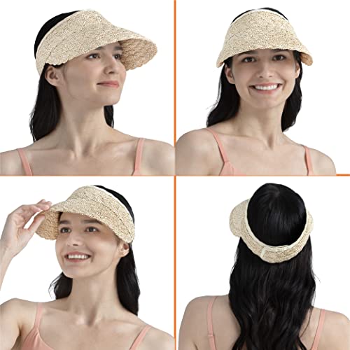 SUN CUBE Women Sun Visor Hat, Straw Beach Hat Wide Brim UV Protection, Foldable Packable Cap, Roll Up Ponytail Summer Visor - color: Brown & Cream