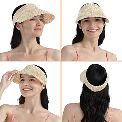 SUN CUBE Women Sun Visor Hat, Straw Beach Hat Wide Brim UV Protection, Foldable Packable Cap, Roll Up Ponytail Summer Visor - color: Brown & Cream
