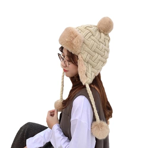 PENINSULA LOVE Women Peruvian Trapper Hat Faux Fur Ushanka Russian Hat Earflap Eskimo Beanie Winter Knitted Cap with Pompom - color: Beige