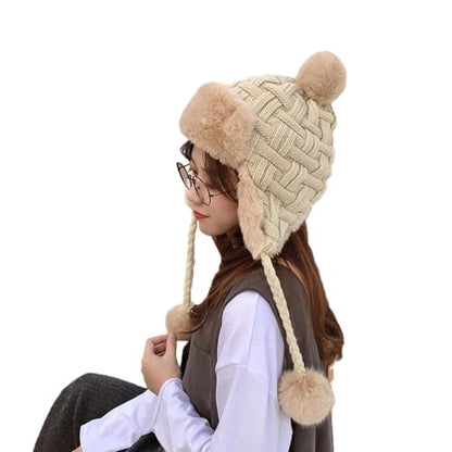 PENINSULA LOVE Women Peruvian Trapper Hat Faux Fur Ushanka Russian Hat Earflap Eskimo Beanie Winter Knitted Cap with Pompom - color: Beige
