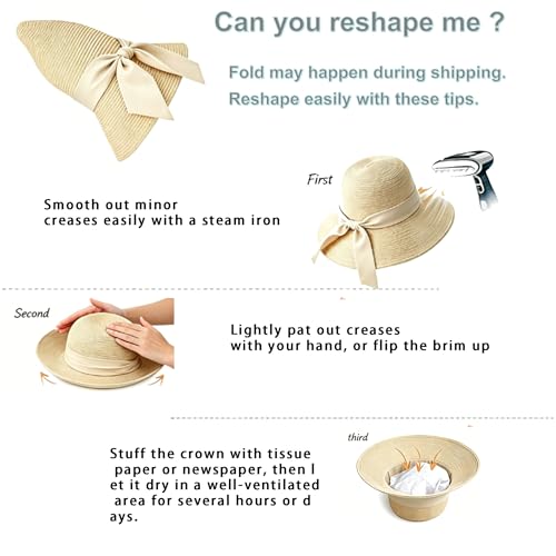 Foldable Wide Brim Straw Sun Hat for Women, UV Protection Packable Travel Summer Beach Hat Cream Color Lightweight Outdoor Festival Sun Hat