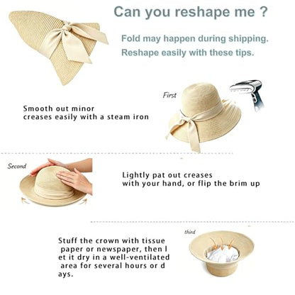 Foldable Wide Brim Straw Sun Hat for Women, UV Protection Packable Travel Summer Beach Hat Cream Color Lightweight Outdoor Festival Sun Hat