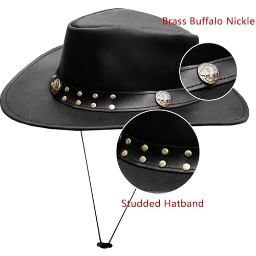 Leather Cowboy Hat for Men Women Western Australian Outback Hat with Shapeable Wide Brim, Aussie Style Leather Hat - color: Black, size: Medium