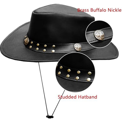 Leather Cowboy Hat for Men Women Western Australian Outback Hat with Shapeable Wide Brim, Aussie Style Leather Hat - color: Black, size: Medium