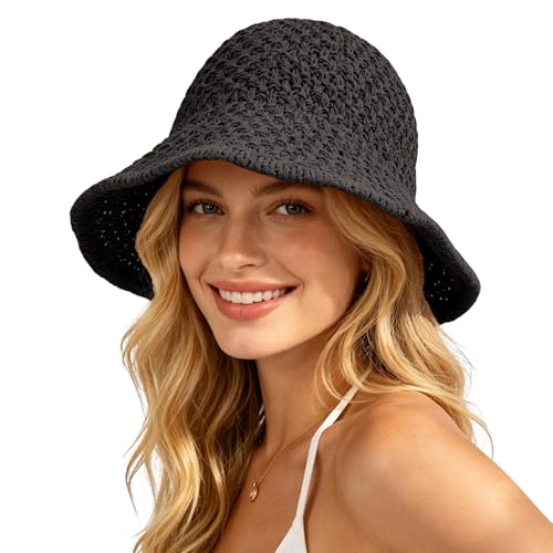 Sun Hat for Women Summer Straw Beach Hats Bucket Hat Floppy Crochet Hat - color: Black